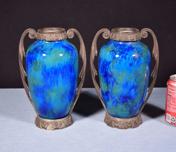 Vintage Art Deco Paul Milet Sèvres Vases/Urns Blue Drip Glaze w/Bronze Ormolu