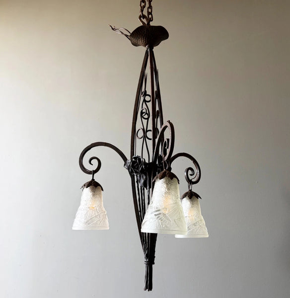 33" Tall Antique French Iron Art Deco Chandelier with Frosted Glass and Roses