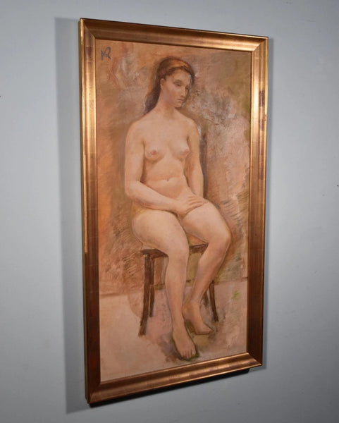 Large Framed Vintage Oil on Canvas Painting of a Nude Woman