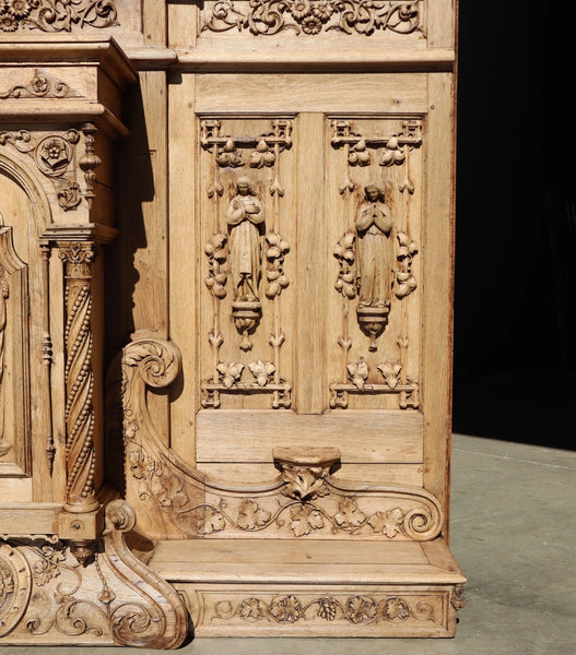 84" Wide Antique French Renaissance Revival Altar/ Tabernacle Highly Carved Oak