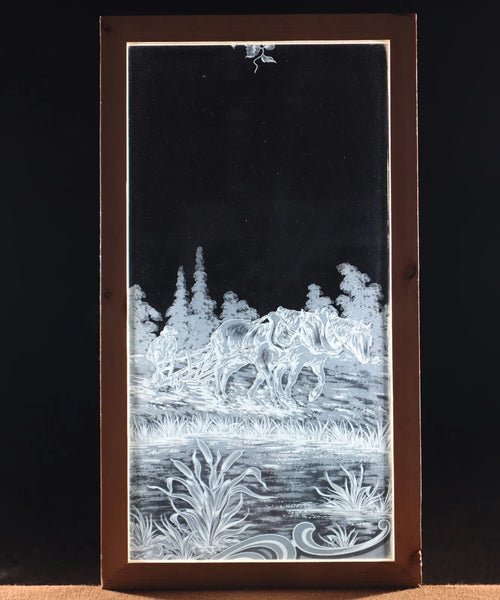 37" Tall Antique Dutch Etched Glass Window with Farm Scene Horses Plowing