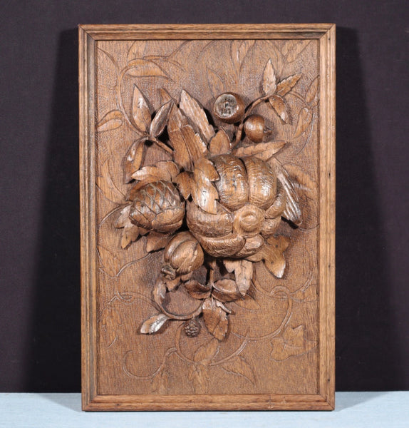 14" Tall French Antique Solid Oak Panel Highly Carved Harvest Theme