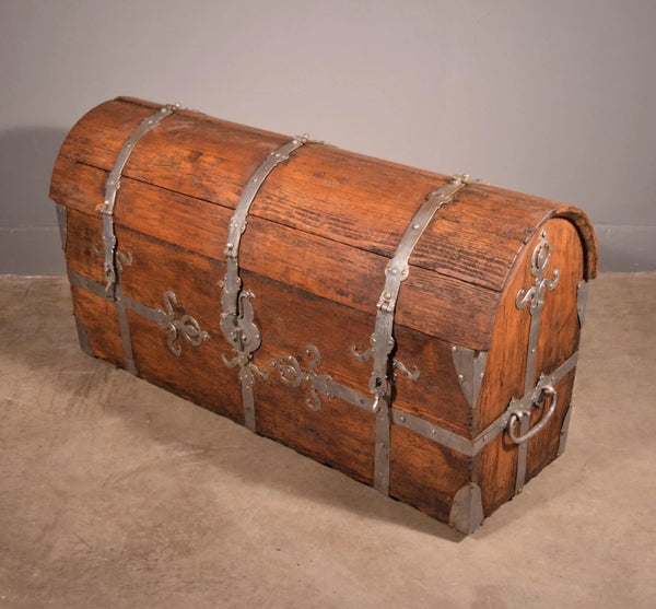 Large Antique French Chest/Trunk in Solid Pine Wood With Iron Straps 1800's