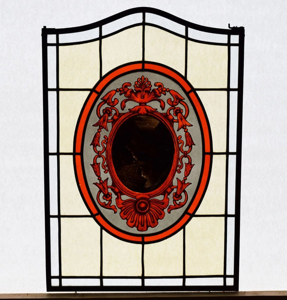 Brass Framed Antique French Stained Glass Panel with Mountain Pass Scene