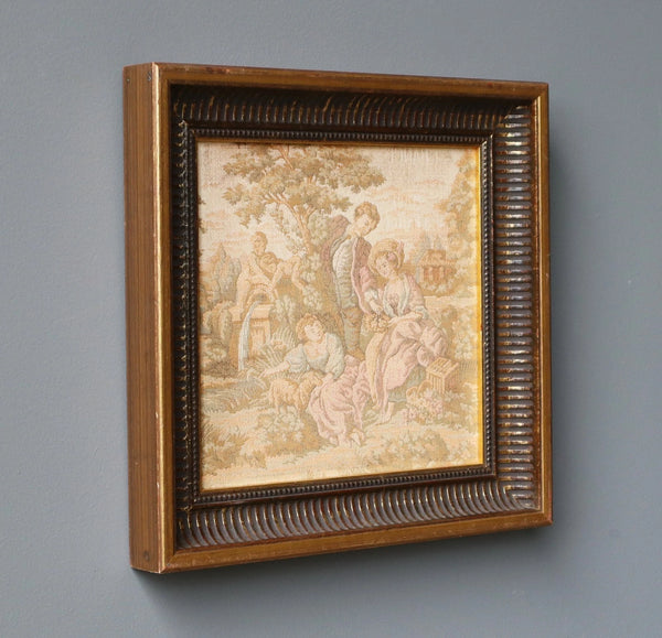 12" Antique French Framed Tapestry of a Courting Scene in Rococo Style