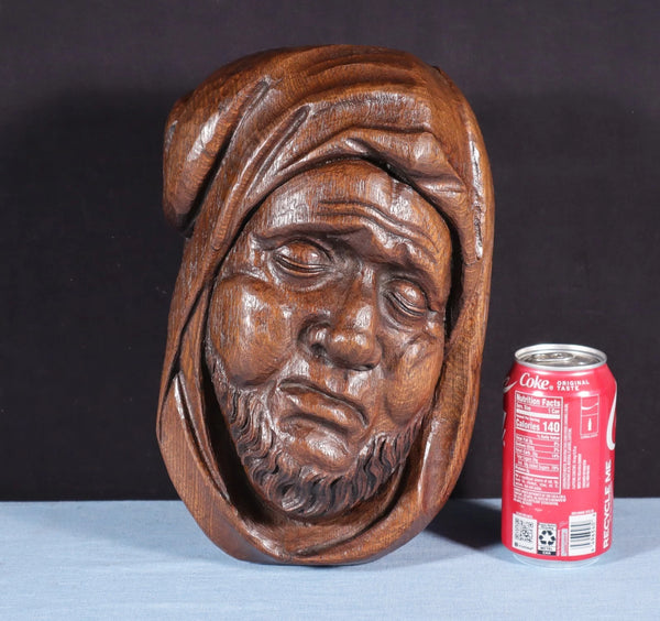 11" Tall Large Vintage Decorative Highly Carved Face/Head in Solid Oak Wood