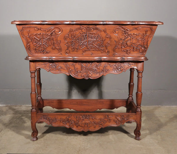 Antique French Petrin (Dough Box) in Highly Carved Solid Walnut and Pine Wood