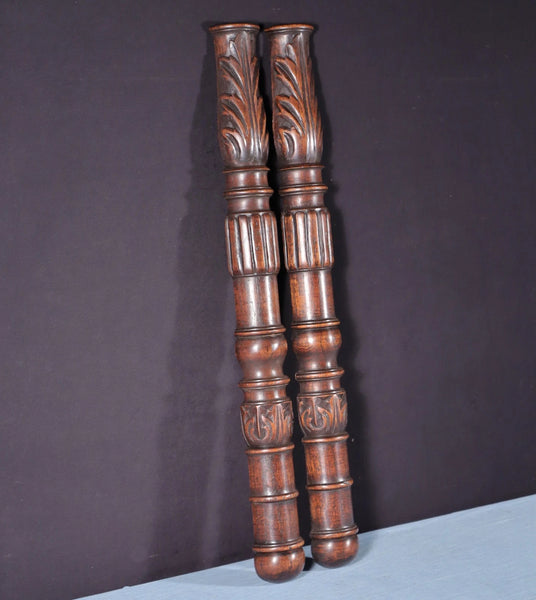 Pair of 27" Vintage French Solid Oak Wood Gothic Posts/Pillars/Columns