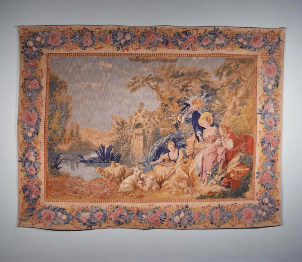 8 Foot Wide Vintage French Hanging Tapestry After Francoise Boucher's "The Nest"