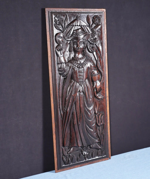 26" Antique French Solid Walnut Wood Panel Highly Carved, Woman with a Mirror