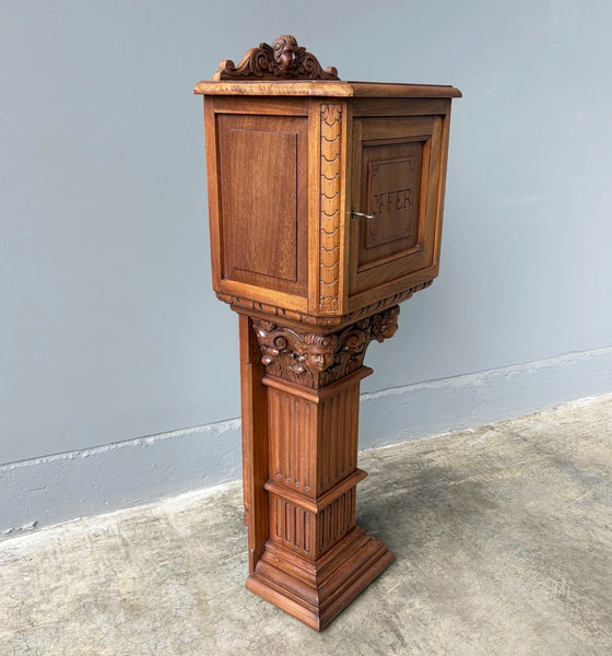 Antique French Donation Box Christianity with Angel Carvings in Solid Mahogany