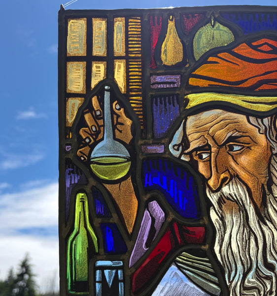 13" Tall Vintage Belgian Stained/Leaded Glass Panel Of an Alchemist by AR 1956