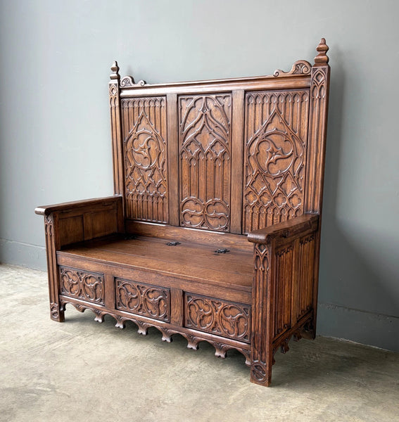 Vintage French Gothic Revival Oak Wood Bench/Settee/Chair Highly Carved