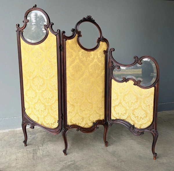 61" Tall Antique French Louis XV Rococo Tri-Fold Screen with Beveled Glass