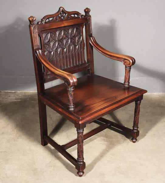 Share French Antique Gothic Revival Chestnut Arm Chair Carved Wood Desk Chair