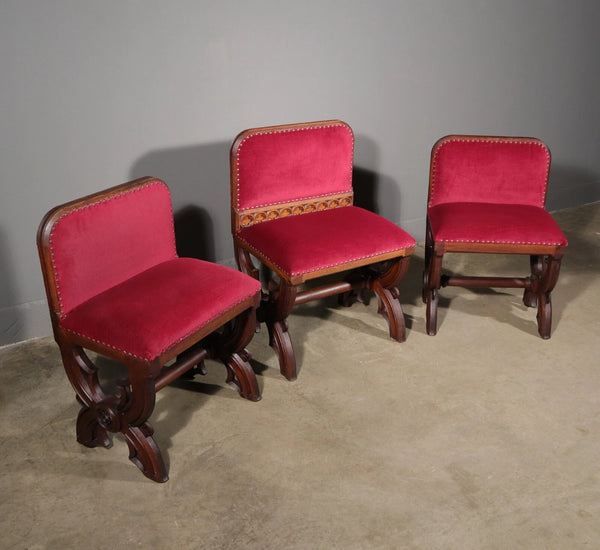Antique Gothic Priest's Pulpit/Sanctuary Chair Set In Solid Oak and Red Velvet