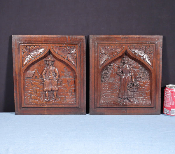 Pair of French Antique Highly Carved Breton Panels in Solid Chestnut Wood