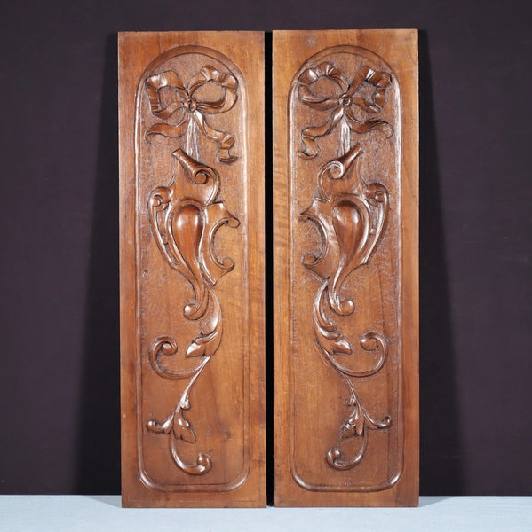 Pair of French Antique Solid Walnut Highly Carved Panels with Intricate Designs