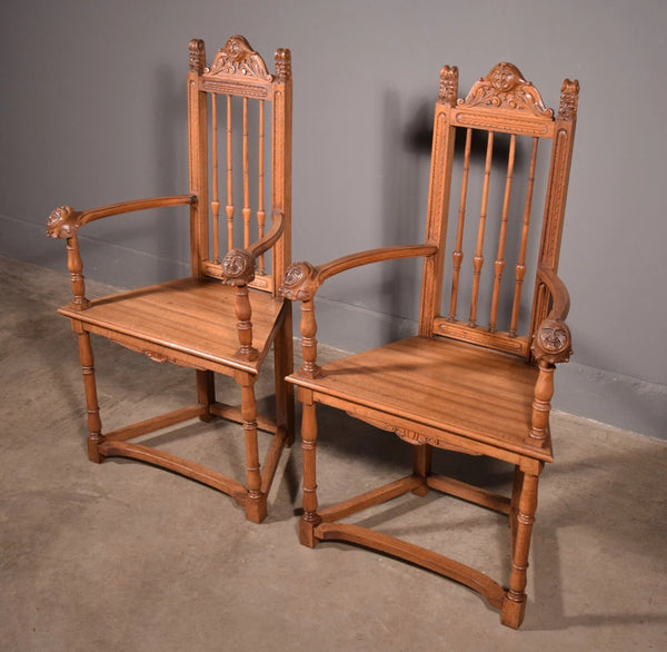 Pair of Antique Renaissance Revival Arm Chairs Solid Walnut Hand Carved Jesters