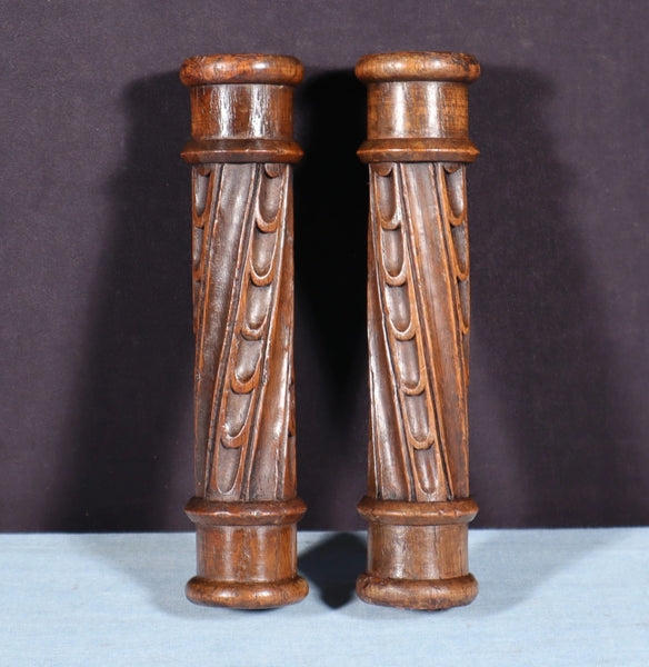 Pair of Antique French Gothic Revival Posts Carved Solid Chestnut Wood