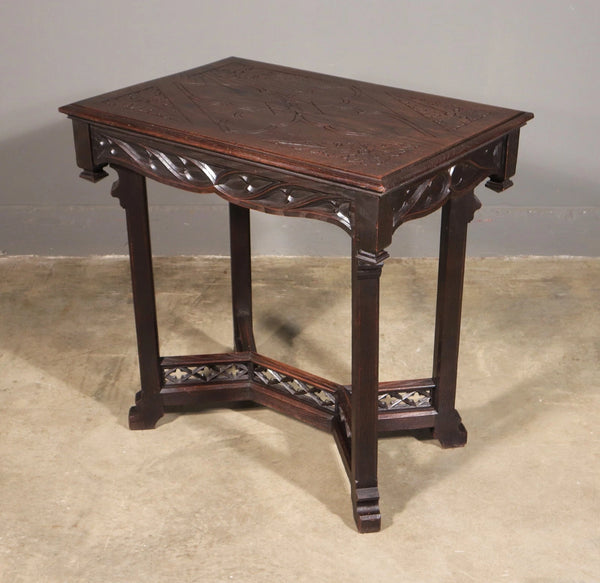 Antique French Gothic Revival Table in Solid Chestnut Wood With Carvings