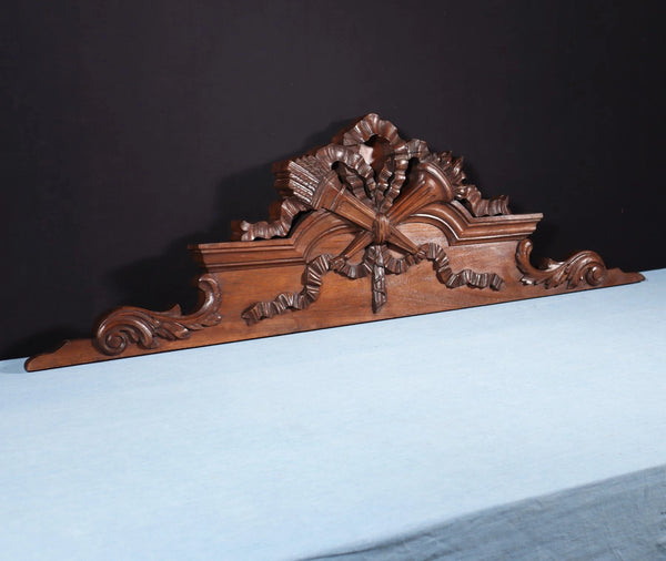 46" Wide Antique French Solid Walnut Wood Louis XVI Highly Carved Detailed Crest