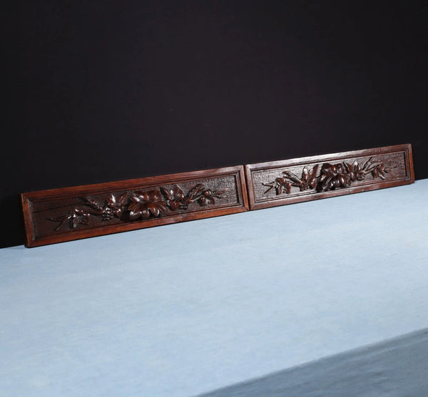 Pair of Antique Black Forest Carved Drawer Panels/Trim in Solid Oak Wood