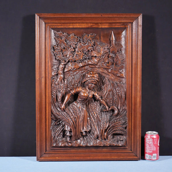 Antique French Solid Walnut Wood Highly Carved Panel w/Woman Harvesting Wheat