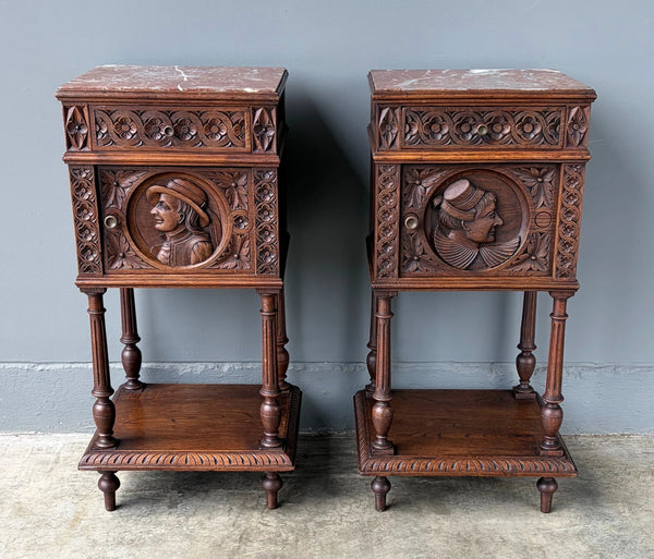 Pair of 34" Tall Antique French Breton Nightstands with Marble Tops in Chestnut