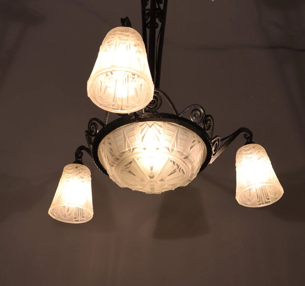 Antique French Art Deco Chandelier with Frosted Glass and Iron by Muller Freres