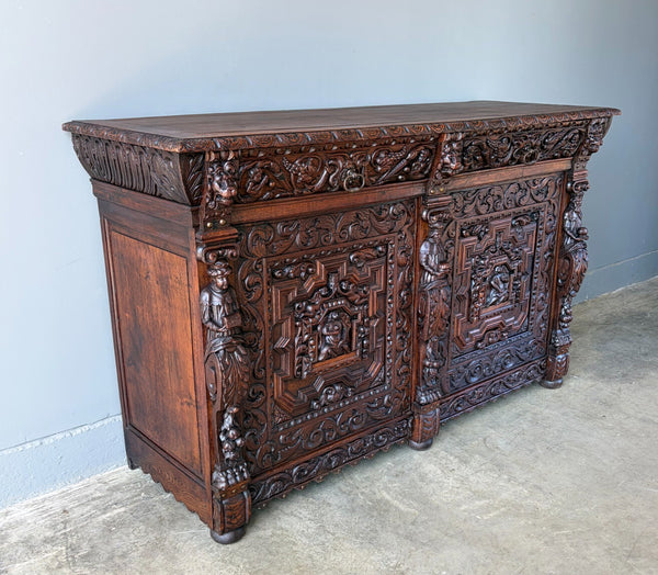 1700's Antique French Renaissance Sideboard in Solid Wood Oak Highly Carved
