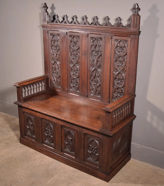 Antique French Gothic Revival Oak Wood Bench/Settee/Chair Highly Carved