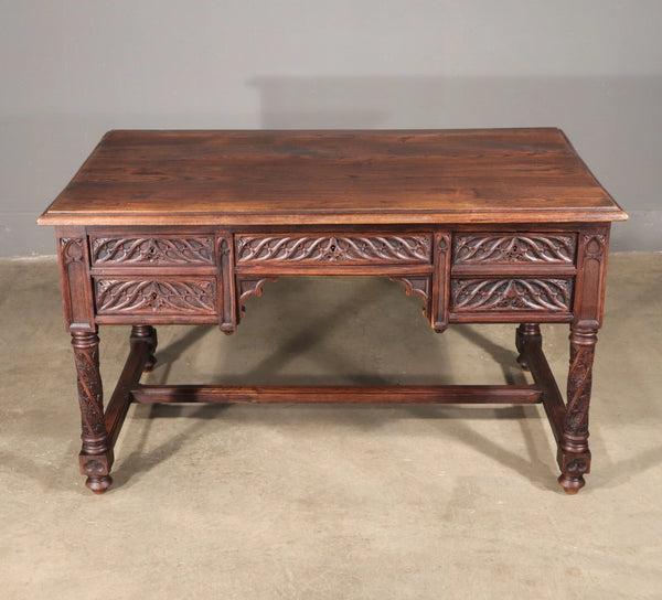 French Antique Gothic Revival Desk with Chair in Solid Carved Chestnut Wood