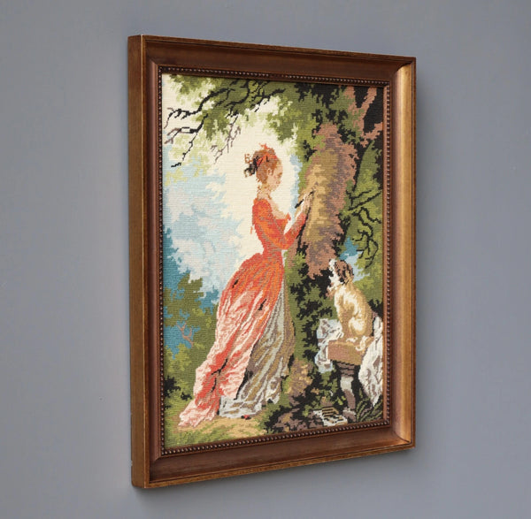 Vintage French Framed Needle Point of Fragonard's "Le Chiffre D'amour"