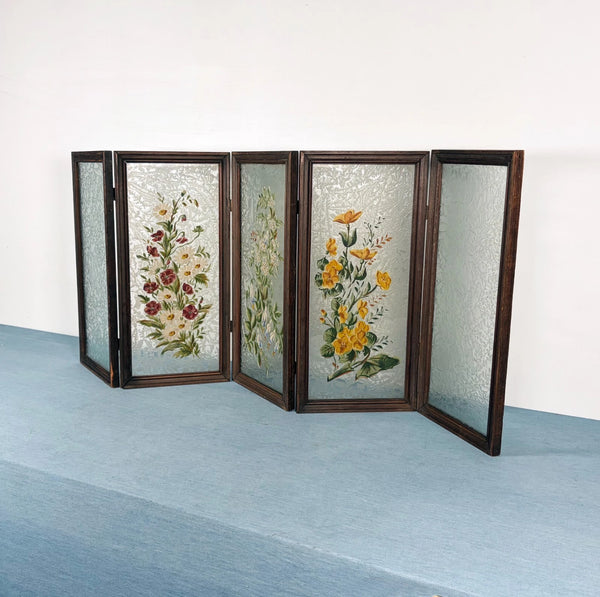 21" Tall Antique French Hand Painted Folding Glass Screen with Flowers