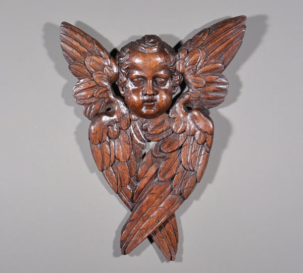 26" Tall Antique Wall Mounted Oak Highly Detailed Wood Angel Carving with Wings
