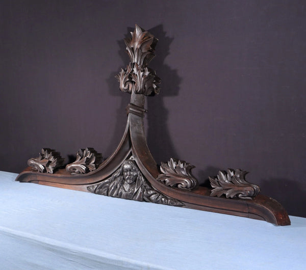 59" Wide Antique French Gothic Revival Crest/Pediment in Solid Walnut & Oak Wood
