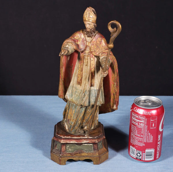 12" Antique Carved/Painted Pine Wood Statue/Sculpture St. Nicholas Late 1800's