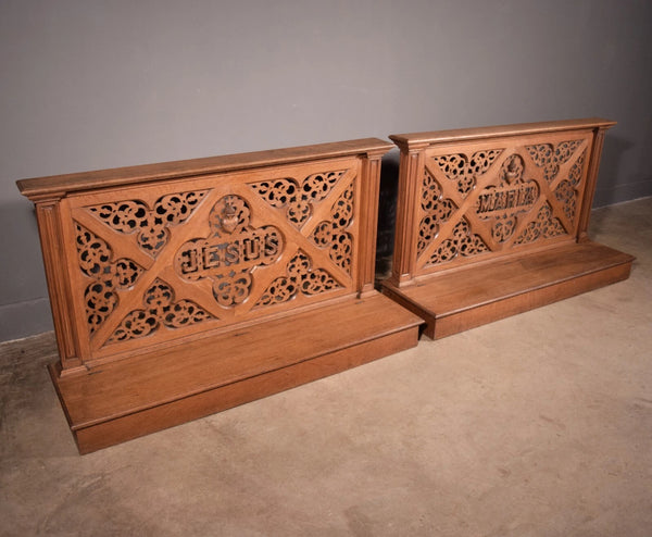 Pair of 59" Long Antique Gothic Revival Oak Wood Prayer Rails With Storage