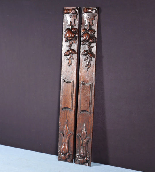 26" Tall Pair of French Antique Solid Oak Wood Highly Carved Wood Trim Posts
