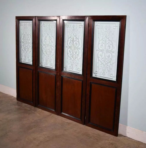 Set of 4 Antique French Etched Glass Doors Frosted Glass with Pattern