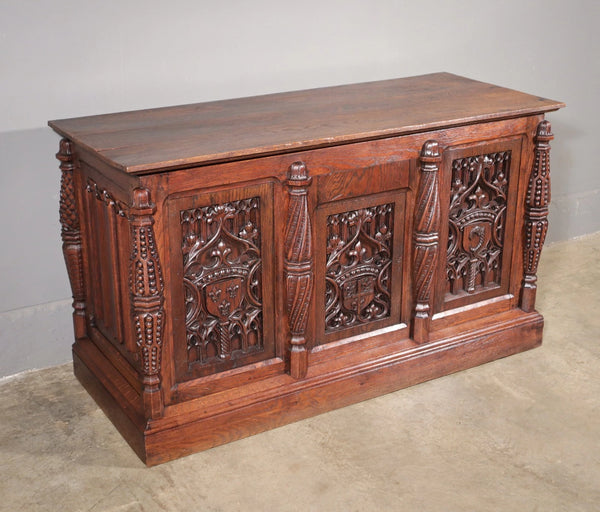 Antique French Gothic Chest/Trunk in Solid Oak Wood With Detailed Carvings