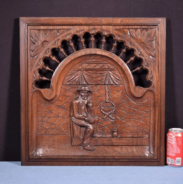 Antique French Breton Panel Brittany in Solid Chestnut Wood with a Man
