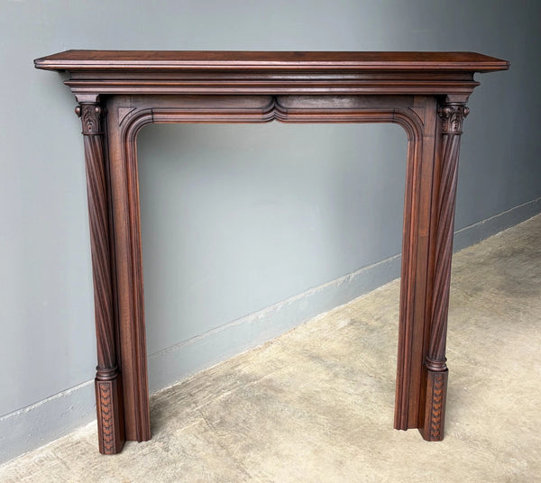 54" Tall French Antique Gothic Fireplace Mantel in Solid & Veneered Walnut