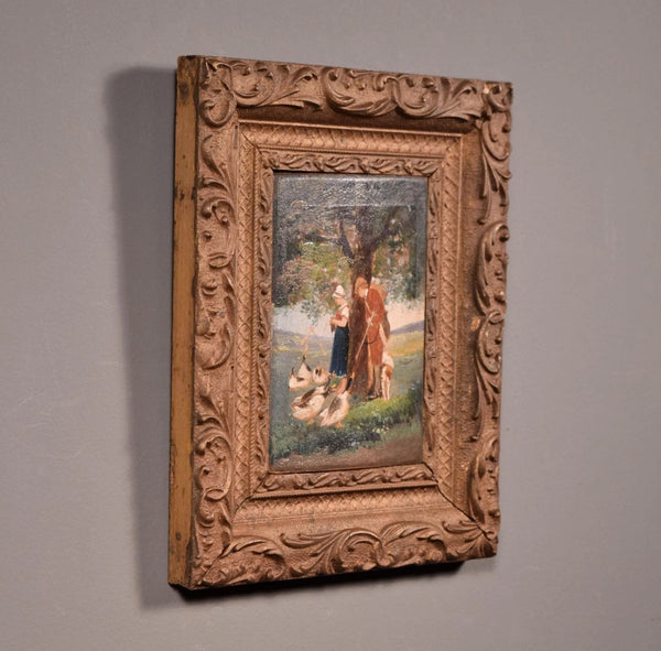 9" Tall Antique Framed Oil on Panel Painting of a Couple Feeding the Geese
