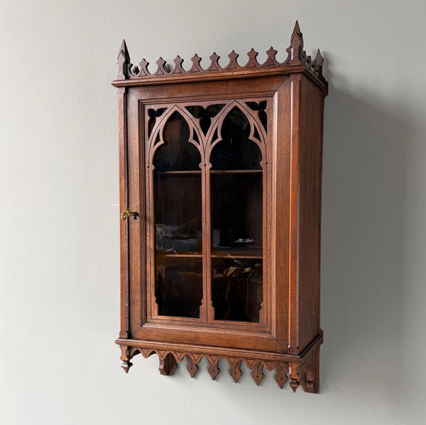 French Antique Gothic Revival Solid Oak and Walnut Wood Bar or Wall Cabinet