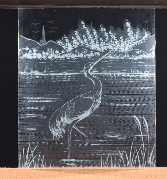 25" Tall Antique French Etched Glass Window Frosted Glass with Heron/Bird