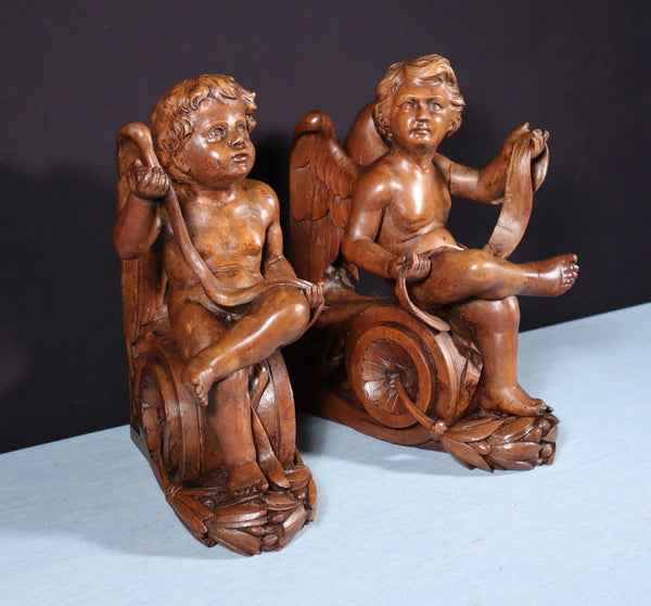 13" Tall Pair of French Antique Solid Walnut Wood Highly Carved Cherubs