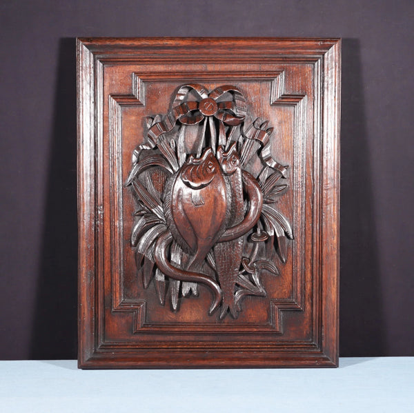 24" Tall French Antique Solid Oak Panel Highly Carved Hunting Theme with Fish