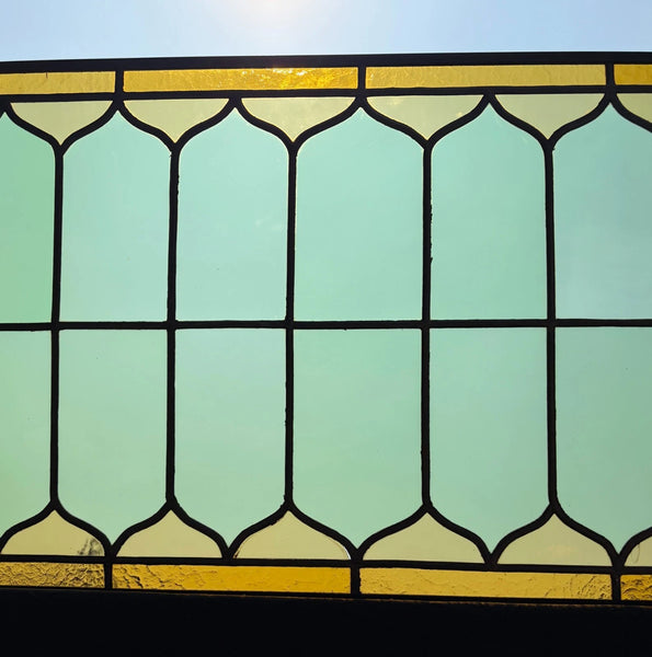 40" Wide Antique French Stained Glass Window Panel with Green & Yellow Glass